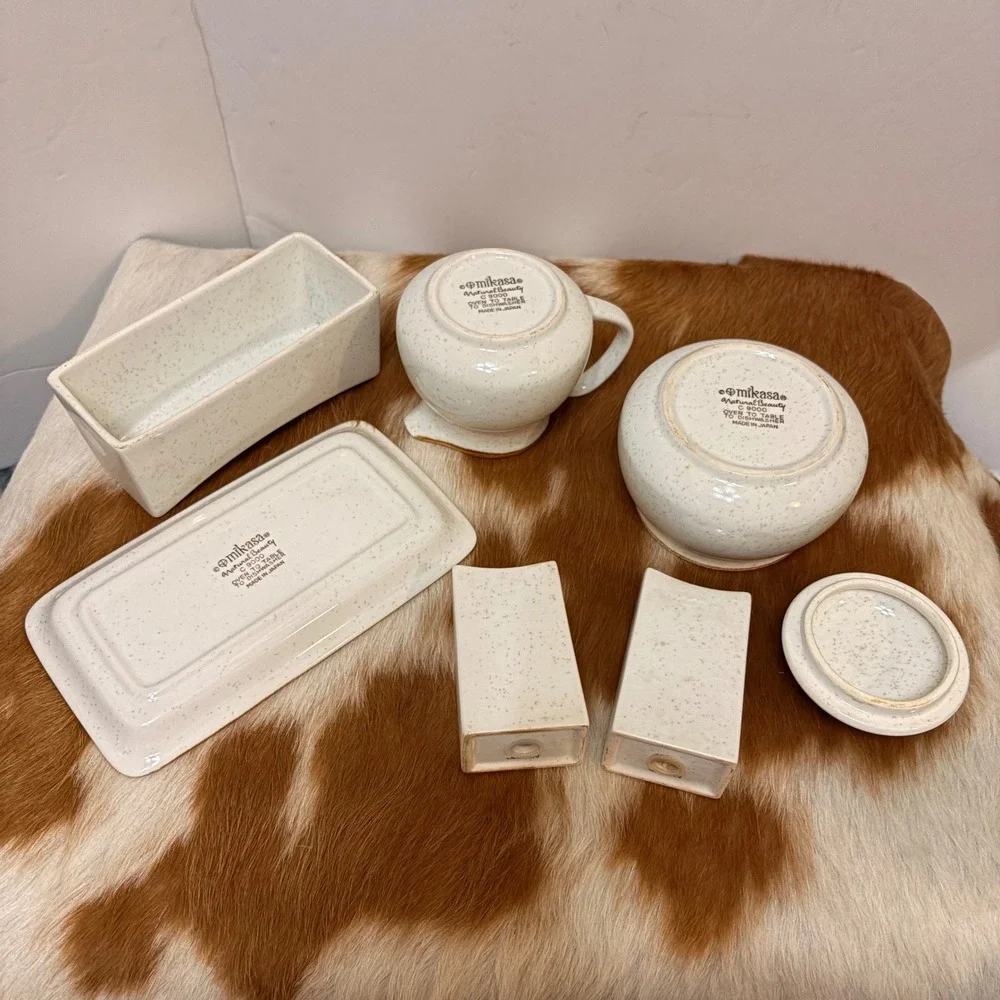 VTG Mikasa Natural Beauty C9000  Stoneware Butter Dish Creamer Sugar Set Japan